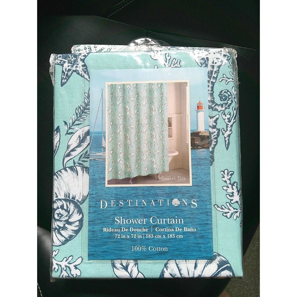 NEW  Destinations 100% Cotton Shower Curtain called Seashell Toile 72 X 72